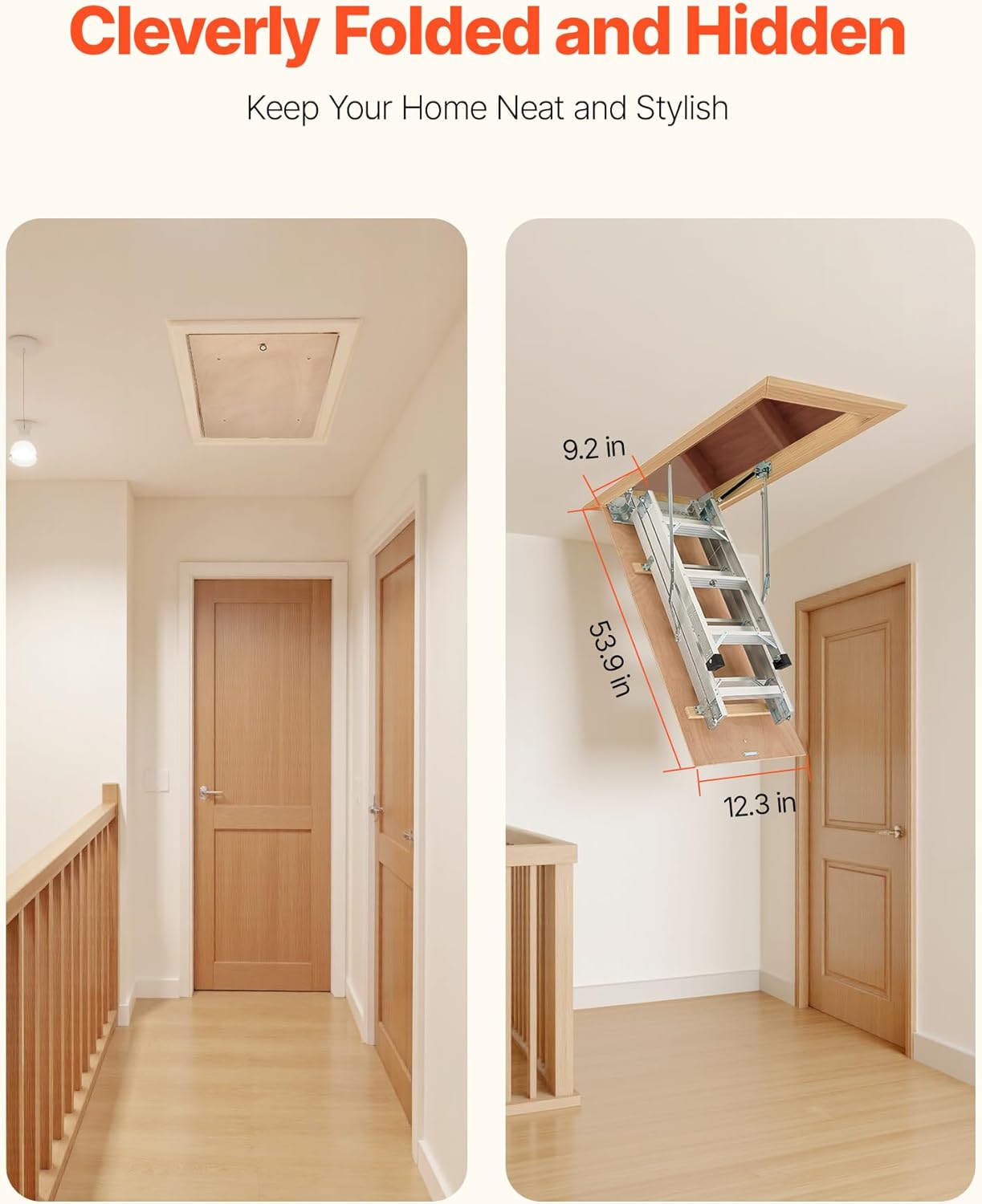 VEVOR Attic Ladder, 375LBS Capacity, 9.8 to 10.3 ft Height Adjustable, Multi-Purpose Foldable Aluminium Attic Stairs, Fits 7.66 to 10.25 ft Ceiling Heights for Convenient Access