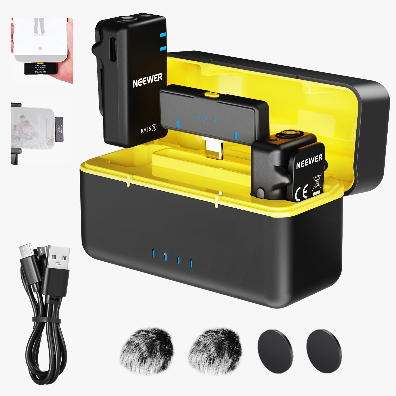 Neewer Kit di Microfono Wireless per iPhone 16 15 Pro Max iPad Android, Microfono Lavalier Anti Rumore con Ricevitore USB C e Custodia di Ricarica, Mini Lav Mic a Clip per Registrazione Video, KM15