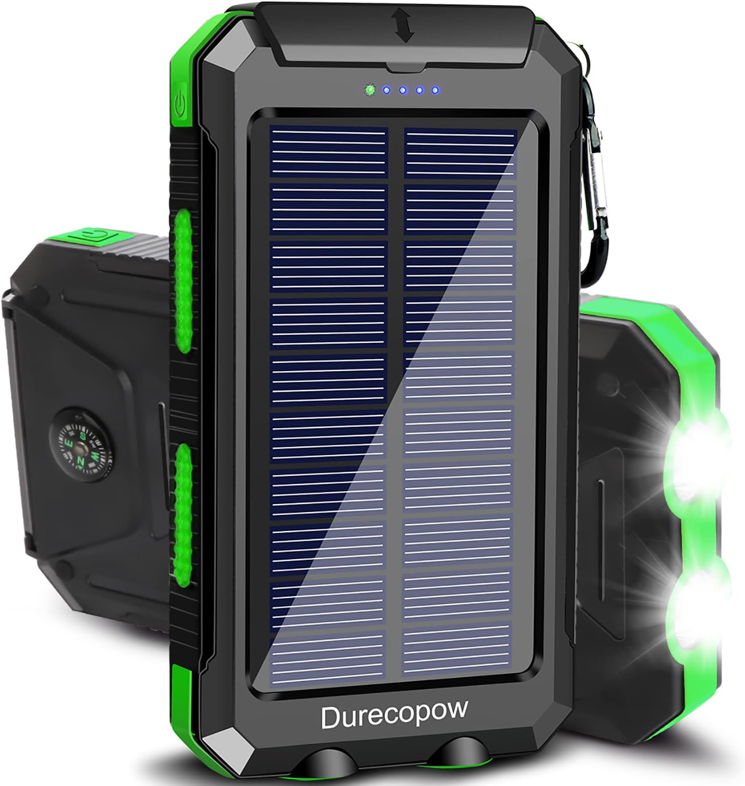 Solar Charger, 20000mAh Portable Outdoor Waterproof Solar Power Bank, Camping External Backup Battery Pack Dual 5V USB Ports Output, 2 Led Light Flashlight with Compass (Green)