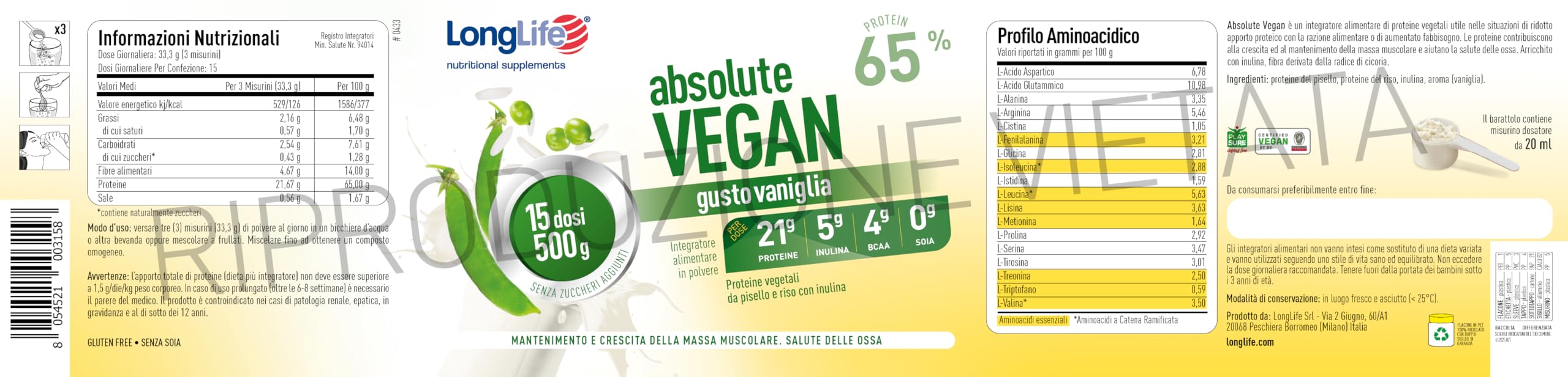 LongLife® Absolute Vegan | Proteine vegetali da pisello e riso 64% con Inulina | Crescita e mantenimento della massa muscolare | Benessere delle ossa | Vaniglia | 15 dosi | Vegano e senza glutine