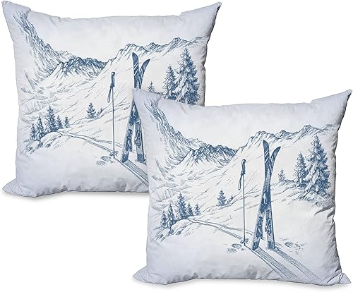 Miniatura 8 de Ambesonne Juego de 2 fundas de almohada decorativas de invierno, diseño de elementos de esquí de descenso en nieve, relajación, vista tranquila,