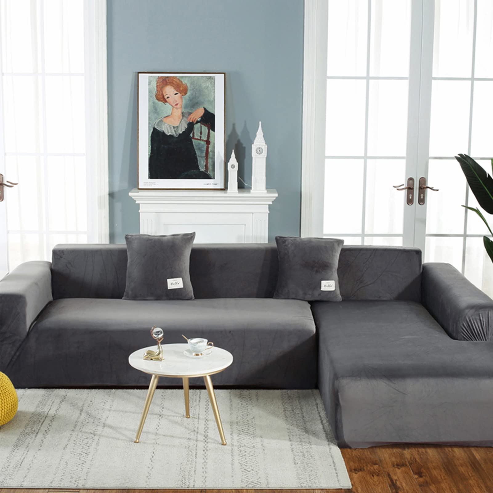 Housse de canapé en velours super extensible extensible gris clair 1 place et 2 places