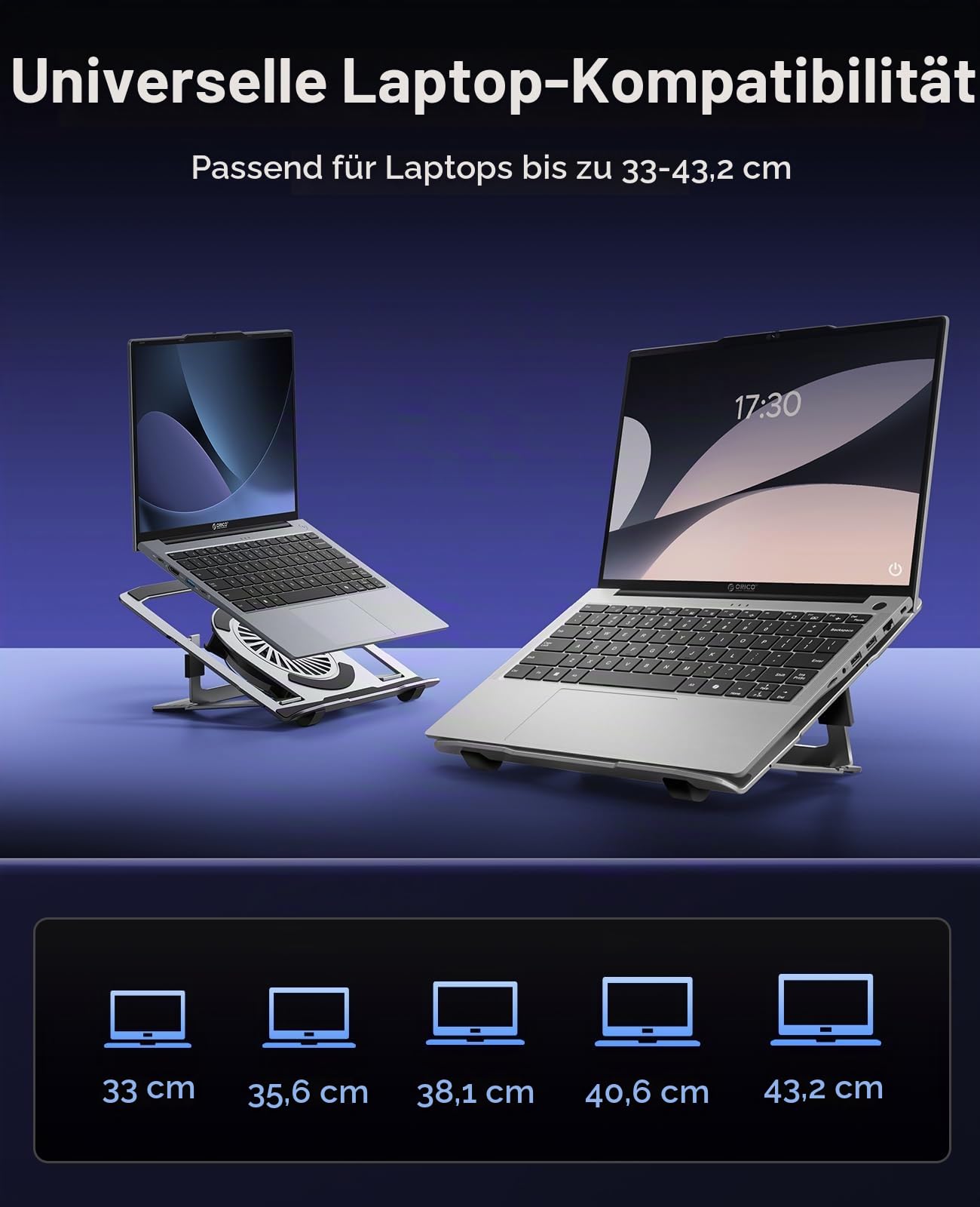 ORICO Laptop Ständer aus Aluminium mit USB-Lüfter, Ergonomisch, Höhenverstellbar und Klappbar für Laptops bis 17 Zoll, RGB – NSF1, Silber