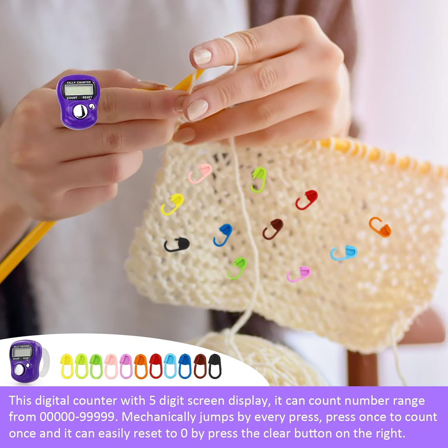 LAMXD Knit Counter Knitting Crochet Stitch Marker Row Counter,Finger Digital Counter,Stitch counters for Crocheting,PurpleFinger Counter with 20pcs Stitch Marker(Random Color)