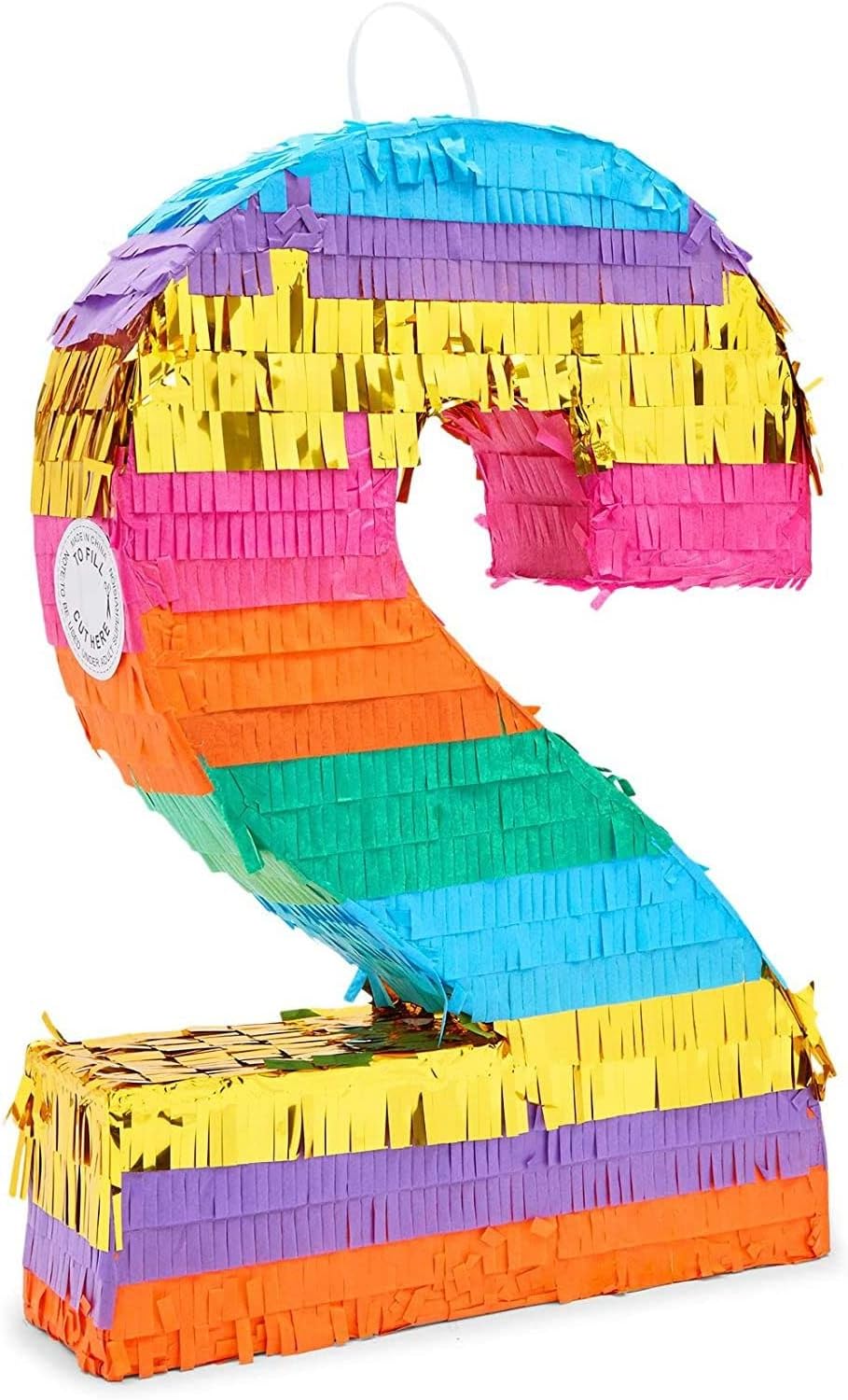 Number 2 Rainbow Pinata with Hanging Loop for Kids 2nd Birthday Party Decorations, Centerpiece Anniversary, Mexican Fiesta, Easy to Fill Label (11x3x16.5 in, Small)