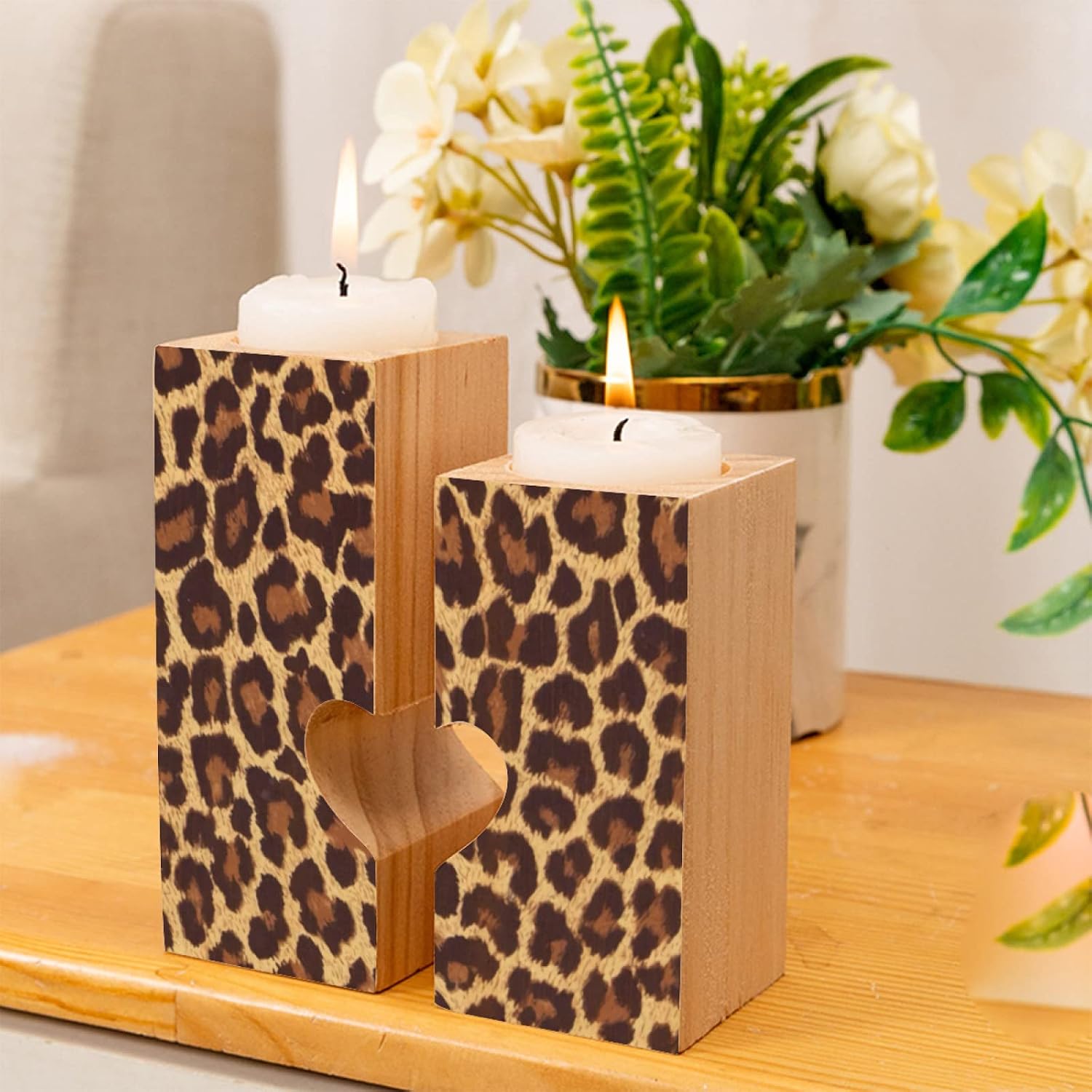Cool Cheetah Leopard Pattern Heart Tealight Candle Holder Wooden Decorative Personalization Romantic Gift for Wedding Christmas Girlfriend Birthday Anniversary