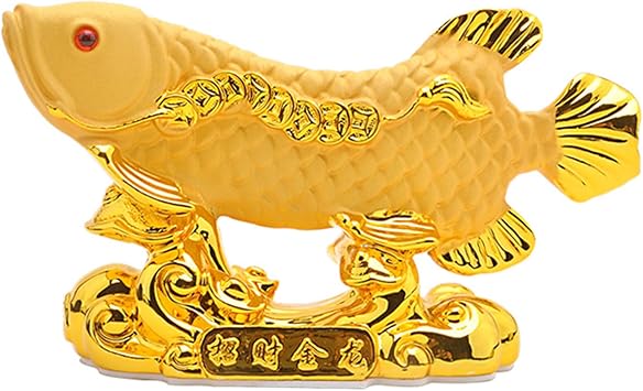 Lucky Fish, Fortune Resin Crafts Lucky Iron Wealth Arowana Fish Feng Shui Ornaments, Golden Arowana Statue Figurine for Home Car Interior Decorations.