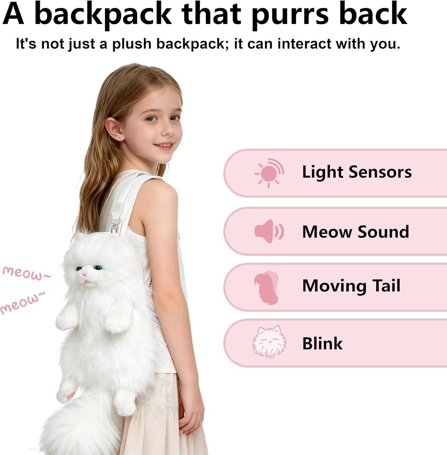 Interactive Realistic Cat Backpack with Moving Tail and Meow Sound, Motion Sensor White Persian Plush Bag, Electronic Robot Animal Purse with Adjustable Straps, Cute Interactive Toy for Women Girls