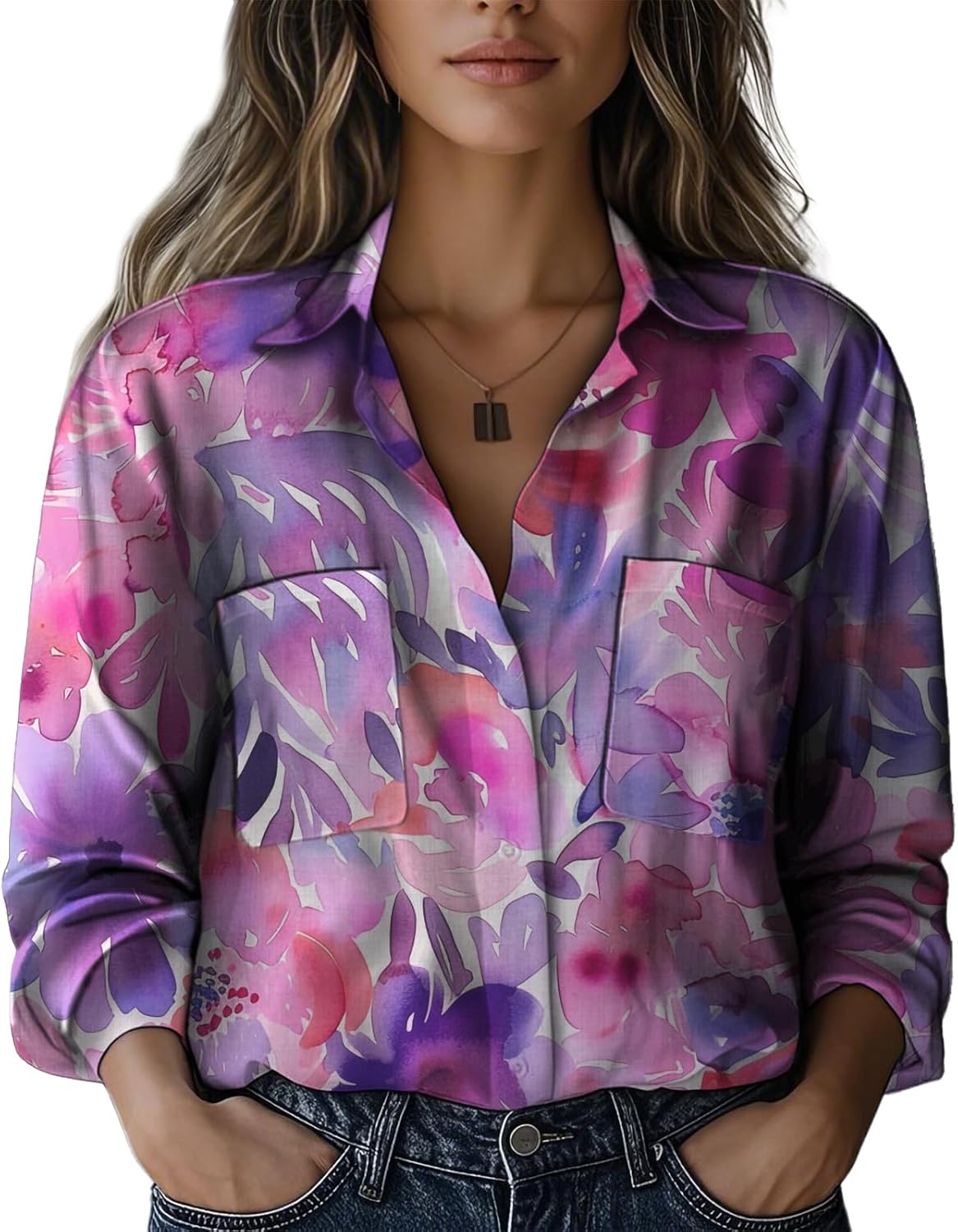 Boho Shirts for Women Daily Loose Fit Long Sleeve Oversized V Neck Flowy Beach Gauze Tops with Pocket