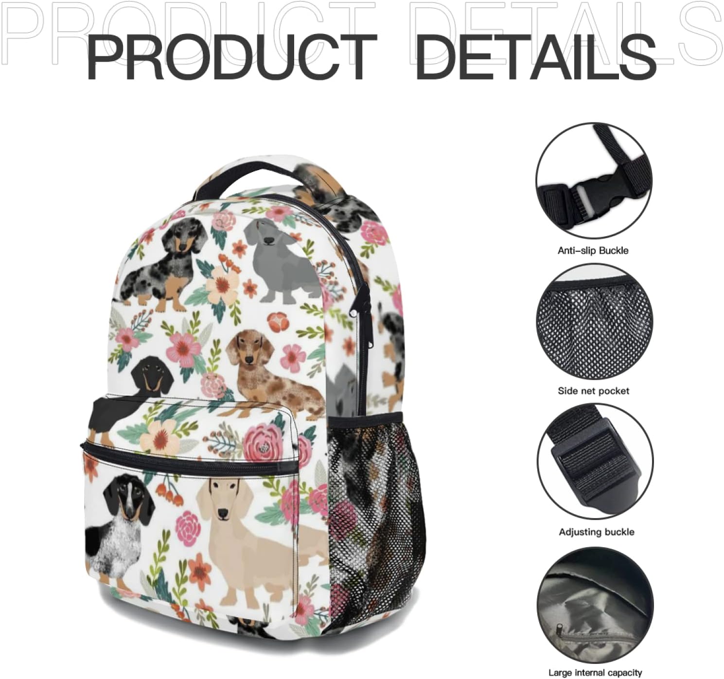 Giwawa Dachshund Dog Flower Backpack for Kids Girls Boys Cute Puppy Animal Floral Print School Bags Bookbag with Multiple Pockets for Student Laptop Travel Sports Women Men - Image 7