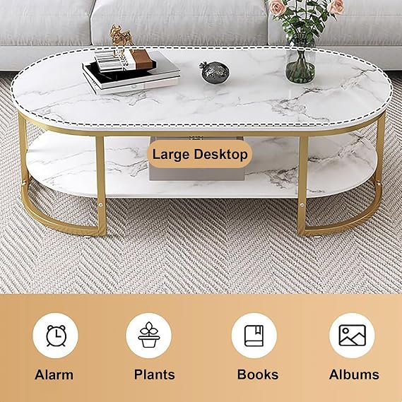 Modern Marble Coffee Table,2 Tier Coffee Table with Open Storage Shelf,Center Table with Gold Metal Frame,Cocktail Table for Living Room(47.3 L x 23.7 W x 17.8 H, White)