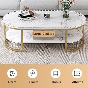 Modern Marble Coffee Table,2 Tier Coffee Table with Open Storage Shelf,Center Table with Gold Metal Frame,Cocktail Table for Living Room(47.3 L x 23.7 W x 17.8 H, White)