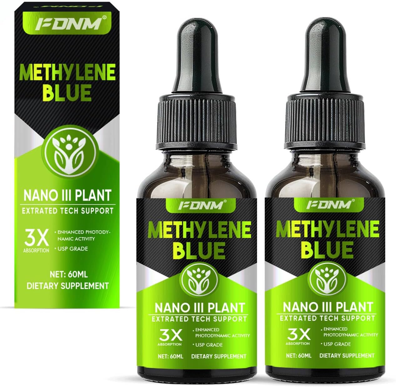 Methylene Blue, 2 Pcs Methylene Blue Pharmaceutical Grade for Strength Brain Health & High Purity Cognitive Support, 1% USP Grade Solution for Increased Absorption, No Formaldehyde & GMO
