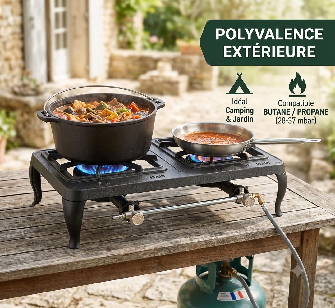 Réchaud à Gaz 2 Feux Europa en Fonte Peinte 8 kW Butane/Propane | Fabriqué en Italie, 580 g/h Consommation, Camping et Extérieur, Art. 03050