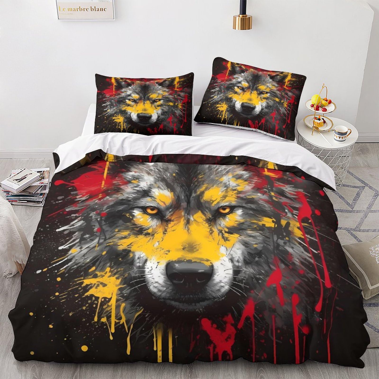 Housse de couette loup 3D parure de lit 3 pièces finitions haut de gamme