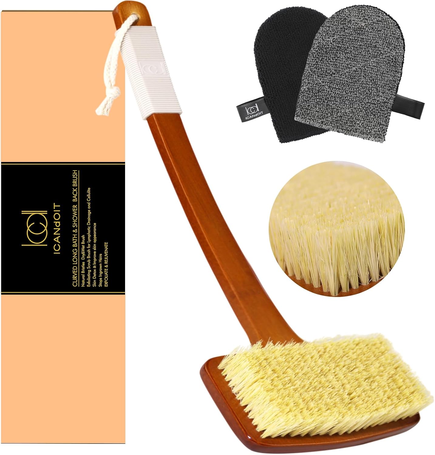 ICANdOIT Stiff Sisal Back Scrubber Shower Brush Set with Face Exfoliator