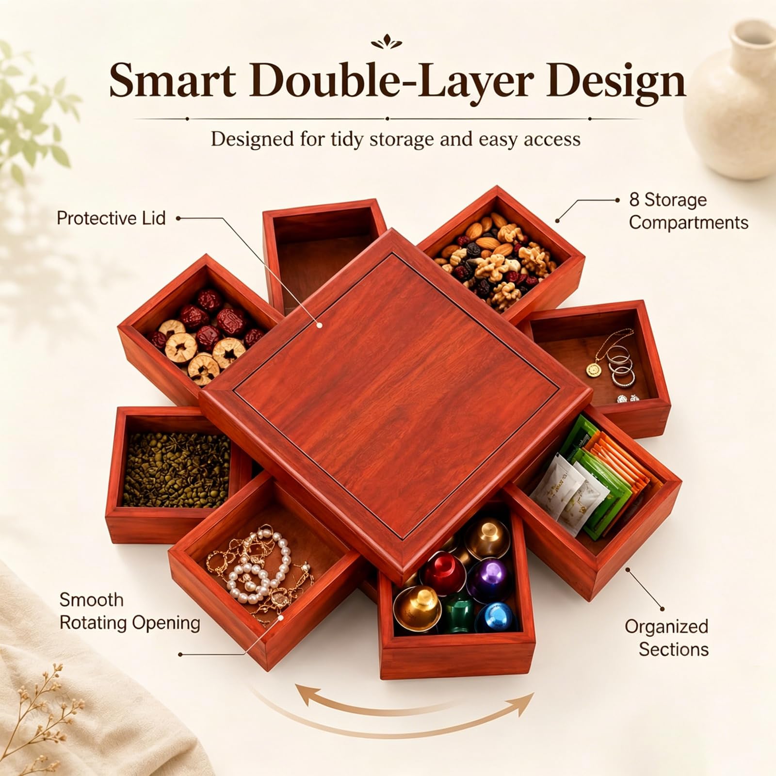 360°-snackbox Aus Holz Für Trockenfrüchte, EIN-/zweistöckiges Snacktablett Mit Deckel, Geschenkkorb Für Trockenfrüchte Mit 4/8 Fächern Für Trockenfrüchte Und Nüsse Single Layer