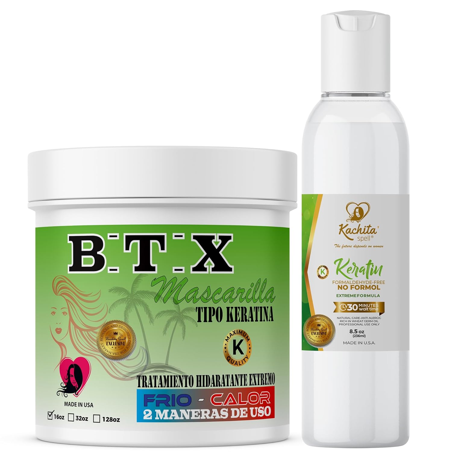 Kachita Spell Kit No Formol Brazilian Keratin Treatment Alisado de Keratina 8oz + Hair Treatment Capillary Rejuvenating System Formaldehyde Free 16oz