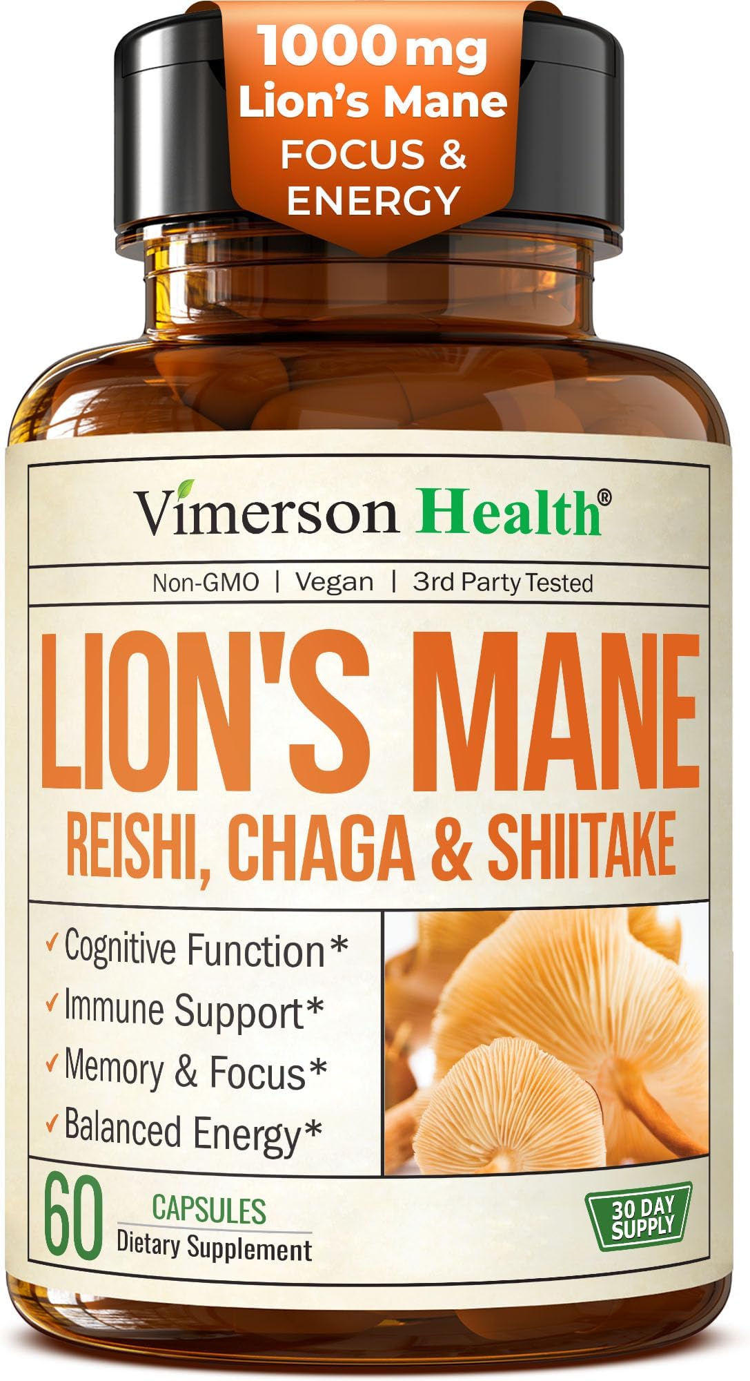 Lions Mane Supplement Capsules – Mushroom Powder Blend with Lions Mane Powder, Turkey Tail, Shiitake Mushrooms & More – Focus & Energy Supplements for Mood & Immune Support. Non-GMO. 60 Vegan Capsules