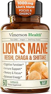 Lions Mane Supplement Capsules – Mushroom Powder Blend with Lions Mane Powder, Turkey Tail, Shiitake Mushrooms & More – Focus & Energy Supplements for Mood & Immune Support. Non-GMO. 60 Vegan Capsules