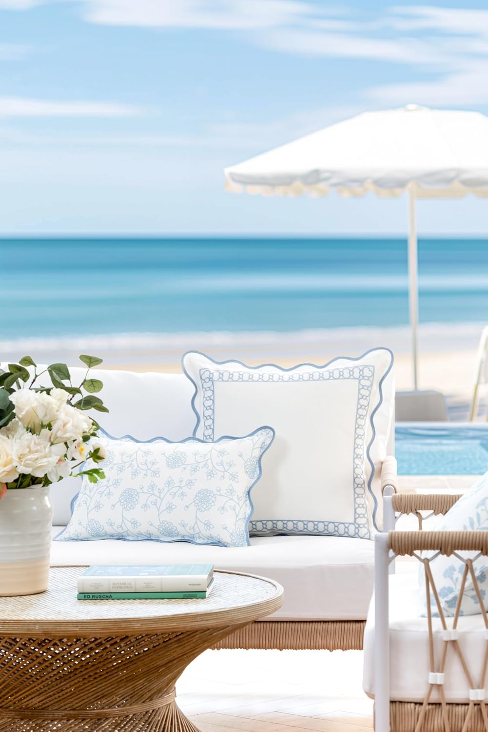 Hofdeco Premium Coastal Patio Indoor Outdoor Scalloped Lumbar Pillow Cover Only, 12x20 Water Repellent for Backyard, Couch, Baby Blue Print Dahlia Floral