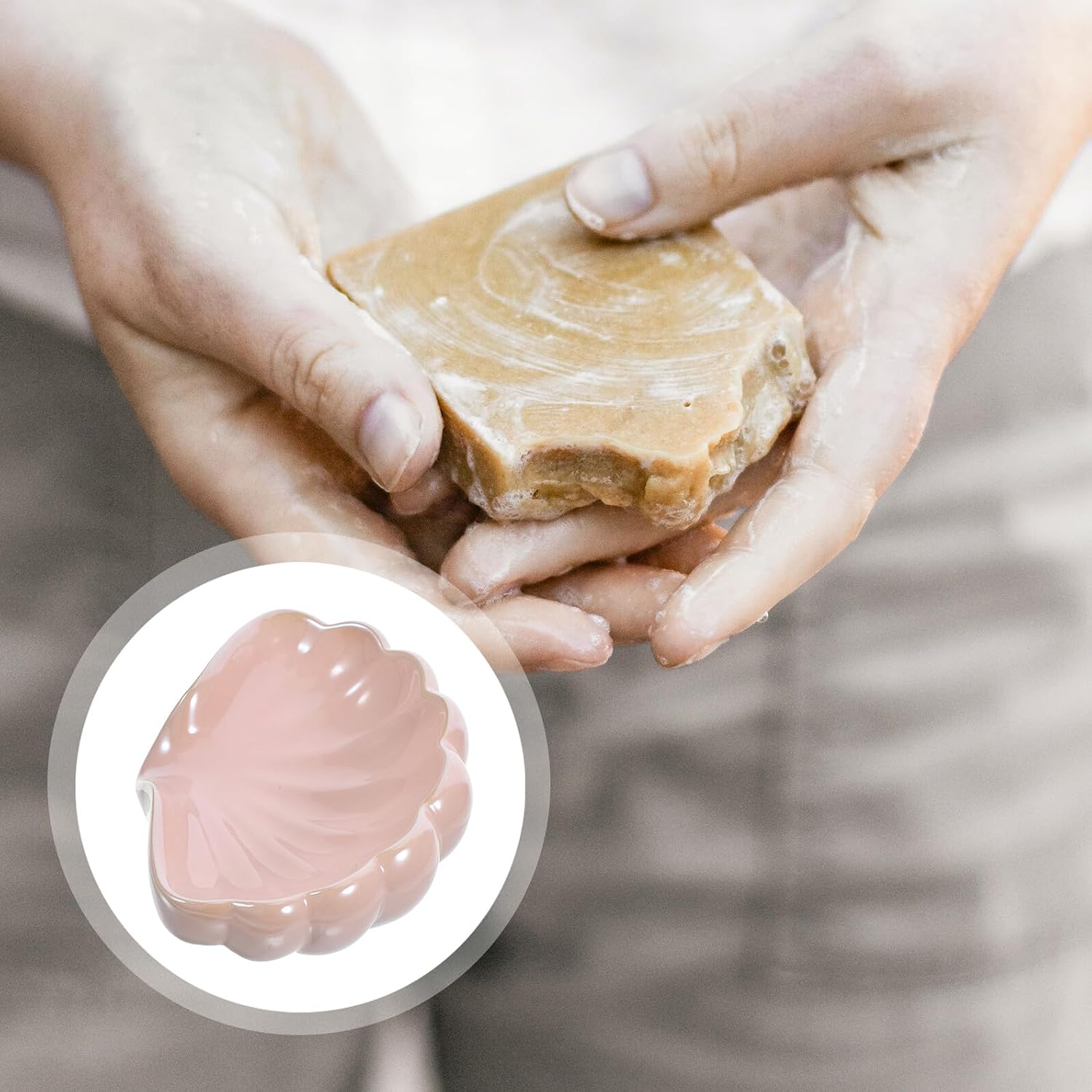 Ceramic Shell Shape Self-draining Soap Dish Holder for Bathroom and Kitchen Sink Reusable Pink Pearl Glazed Soap Tray for Shower and Countertop Organization
