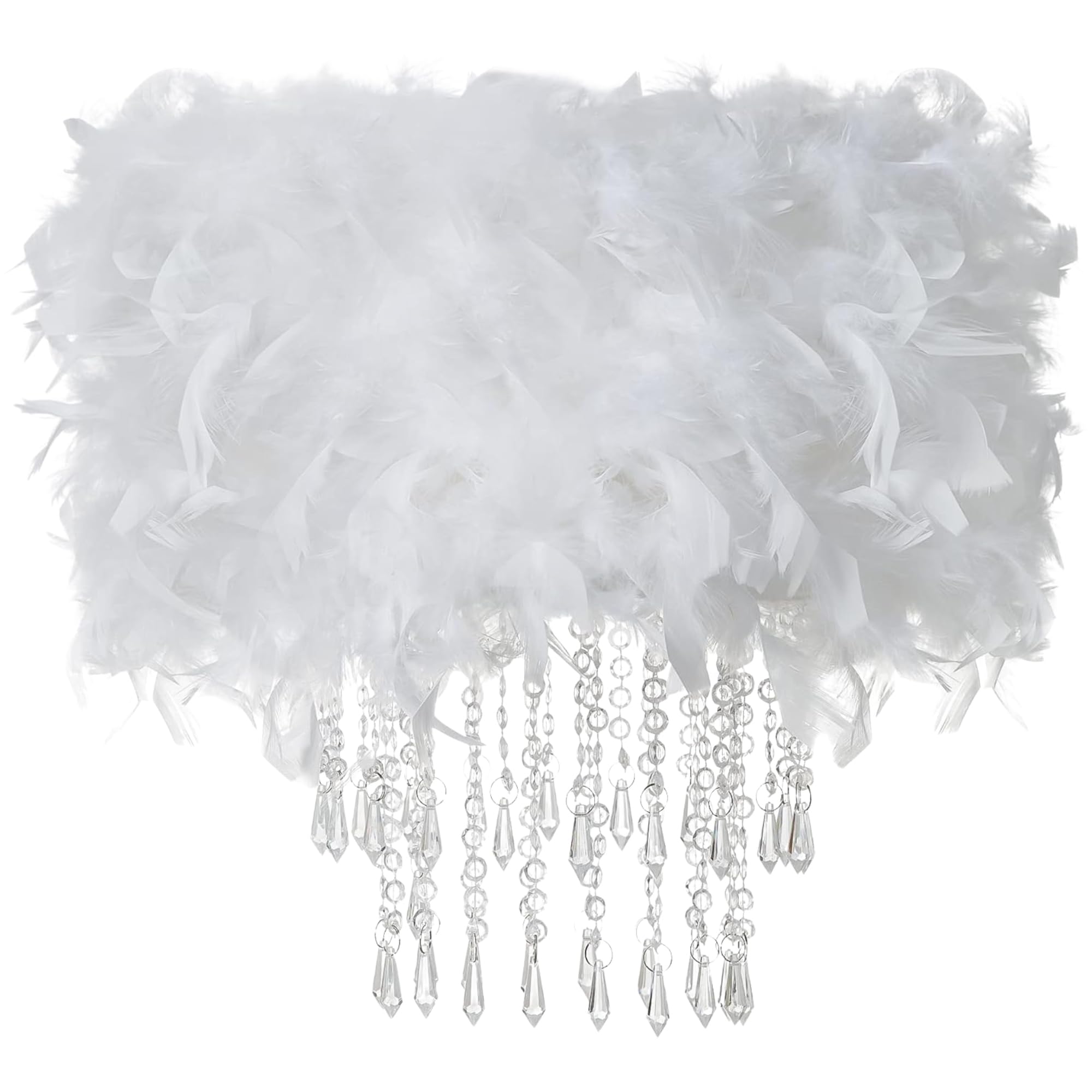 Waneway Feather Lampshade with Acrylic Droplets, Fluffy Lamp Shade for Ceiling Light, Pendant Light, Chandelier, Table Lamp or Floor Lamp, Bedroom Living Hallway Decoration, White