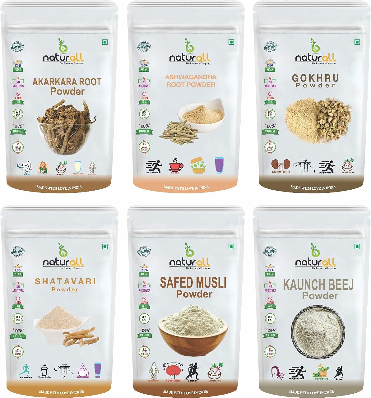 B Naturall Pack Of 6 Akarkara Powder, Gokhru Powder, Safed Musli Powder, Kaunch Powder, Ashwagandha Powder and Shatavari Powder (200 GM Each) Combo Pack = 1200 GM By B Naturall
