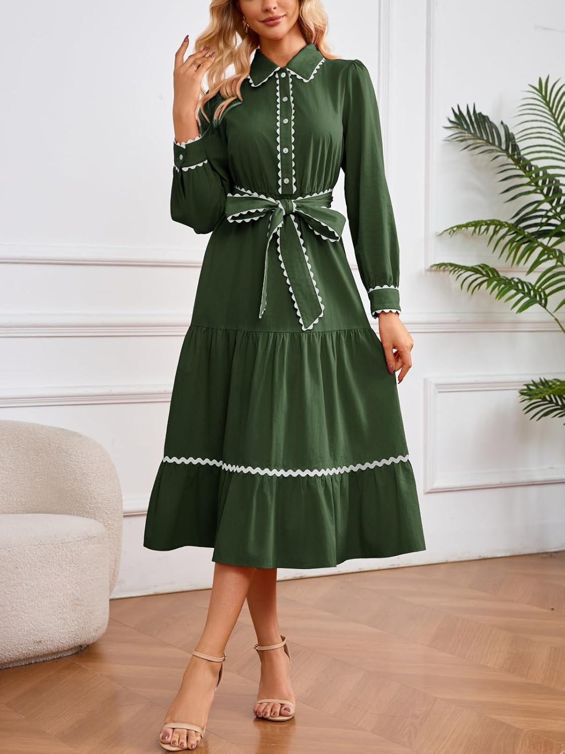 LifeShe Button Down Dress for Women 2026 Spring Casual Long Sleeve Belted Tie Elastic Waist Tiered Shirt Dresses - Image 2