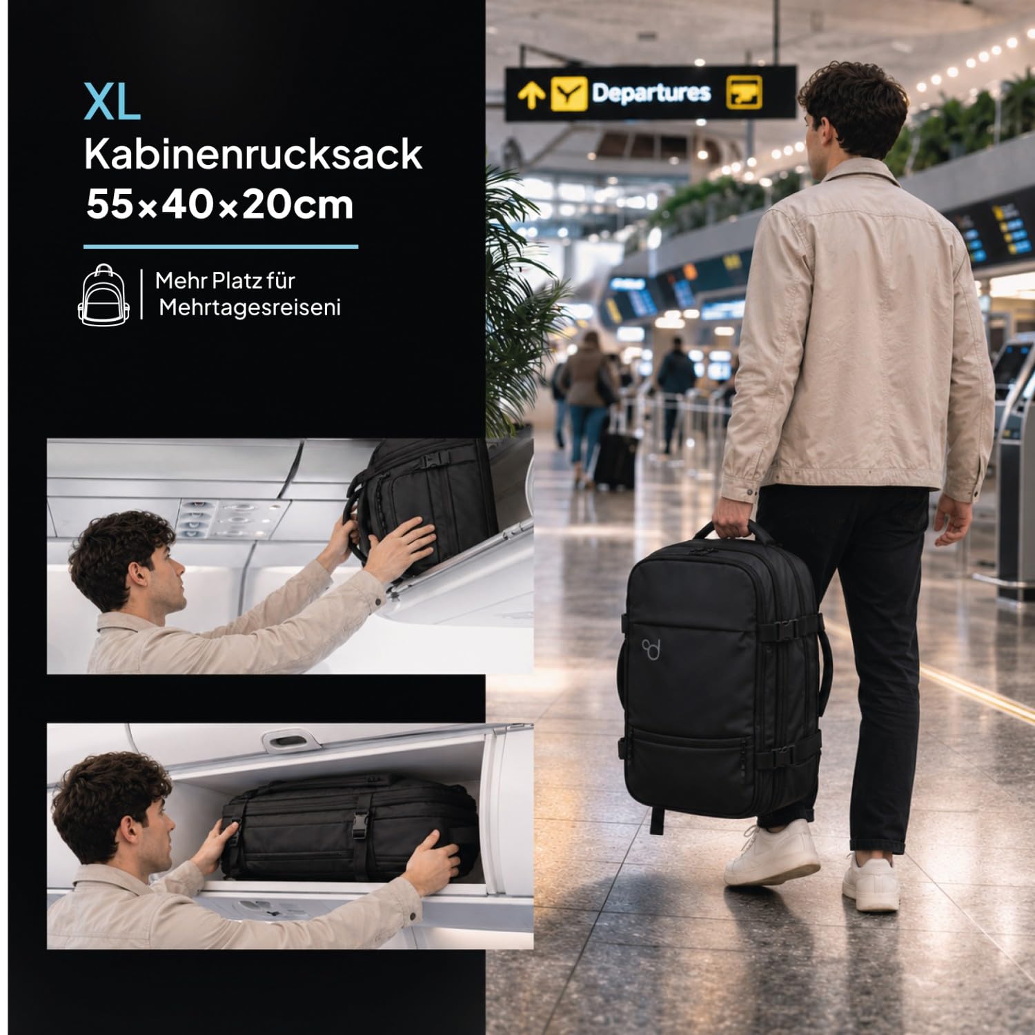 OcioDual Großer Handgepäck Rucksack 55x40x20 cm, Erweiterbar auf 55x40x25 cm, Kabinenrucksack für Flugreisen, Reiserucksack mit Laptopfach 17 Zoll, Wasserabweisend