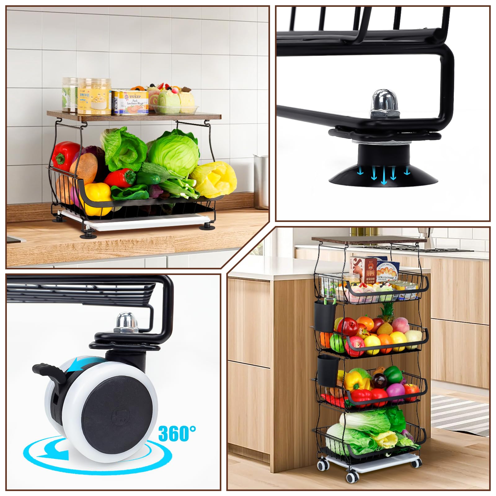 Portafrutta 4 ripiani pratico e funzionale Carrello cucina impilabile ventilato con ventose fisse