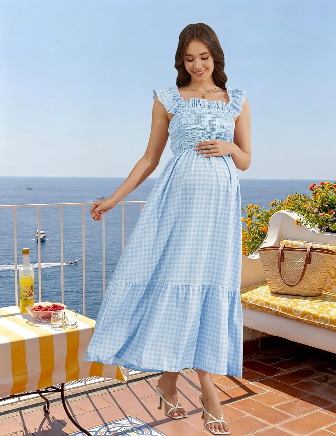 Maternity Dress for Baby Shower & Photoshoot, Floral Ruffle Sleeve Maxi Dress for Spring Summer Pregnancy