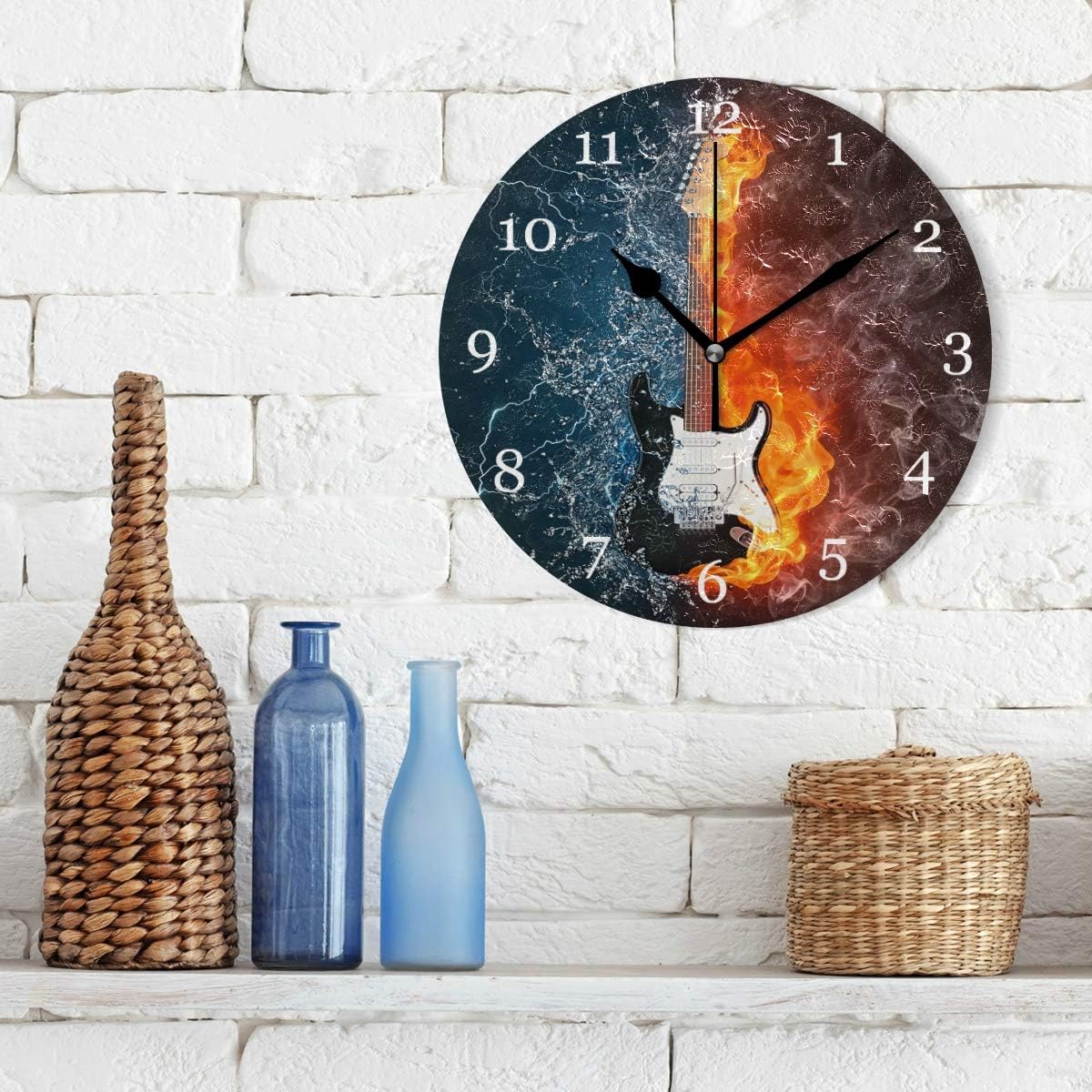 AUUXVA Ice Fire Rock Music Guitar Wall Clock Silent Non Ticking Round Clock for Bedroom Living Room Office Home Decor