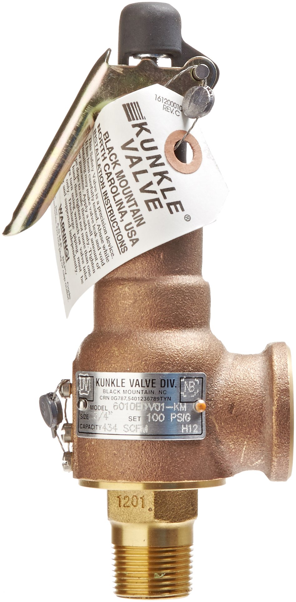Kunkle 6010EDV01-KM0100 Bronze ASME Safety Relief Valve for Air/Gas, Viton Soft Seat, 100 Preset Pressure, 3/4