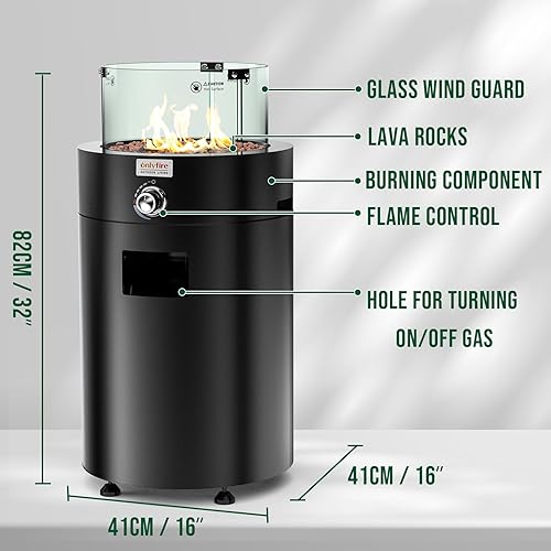 Miniatura 2 de Onlyfire - Chimenea desmontable de alta calidad con rocas de lava, protector de viento de vidrio y ruedas, chimenea de gas propano sin humo con