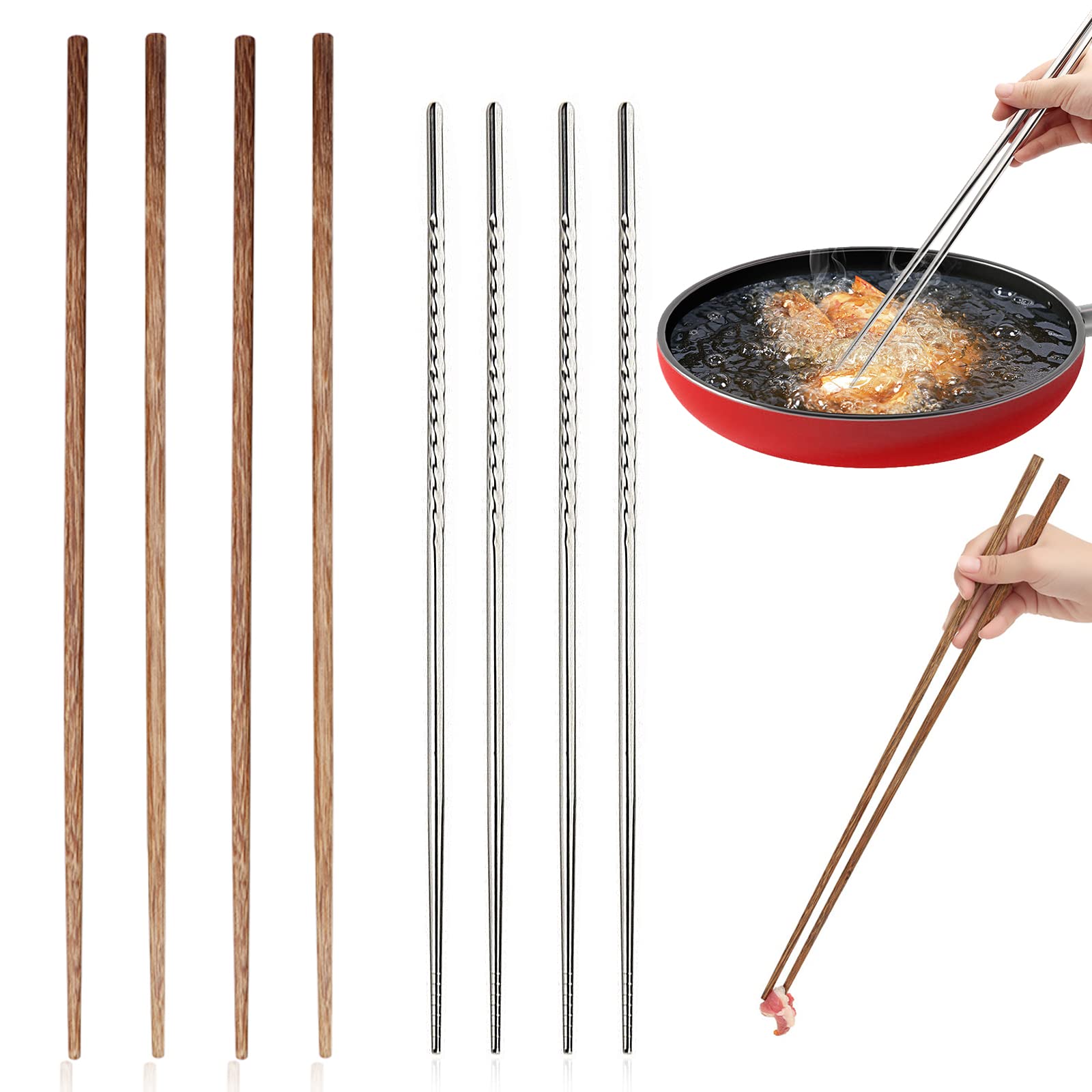 4 Pcs Long Cooking Chopsticks Reusable 15.3 Inch Non-slip Threaded Stainless Steel Chopsticks and 16.5 Inch Natural Wooden Extra Long Chopstick for