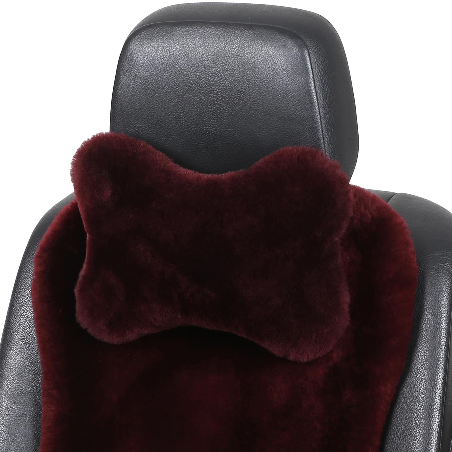 MLOVESIE Fluffy Car Headrest Pillow Furry Long Wool Lumbar Auto Head Neck Support Pillow Cushion Natural Luxury Fur Warm Soft Comfort Winter (Wine Red, Shearling Wool)