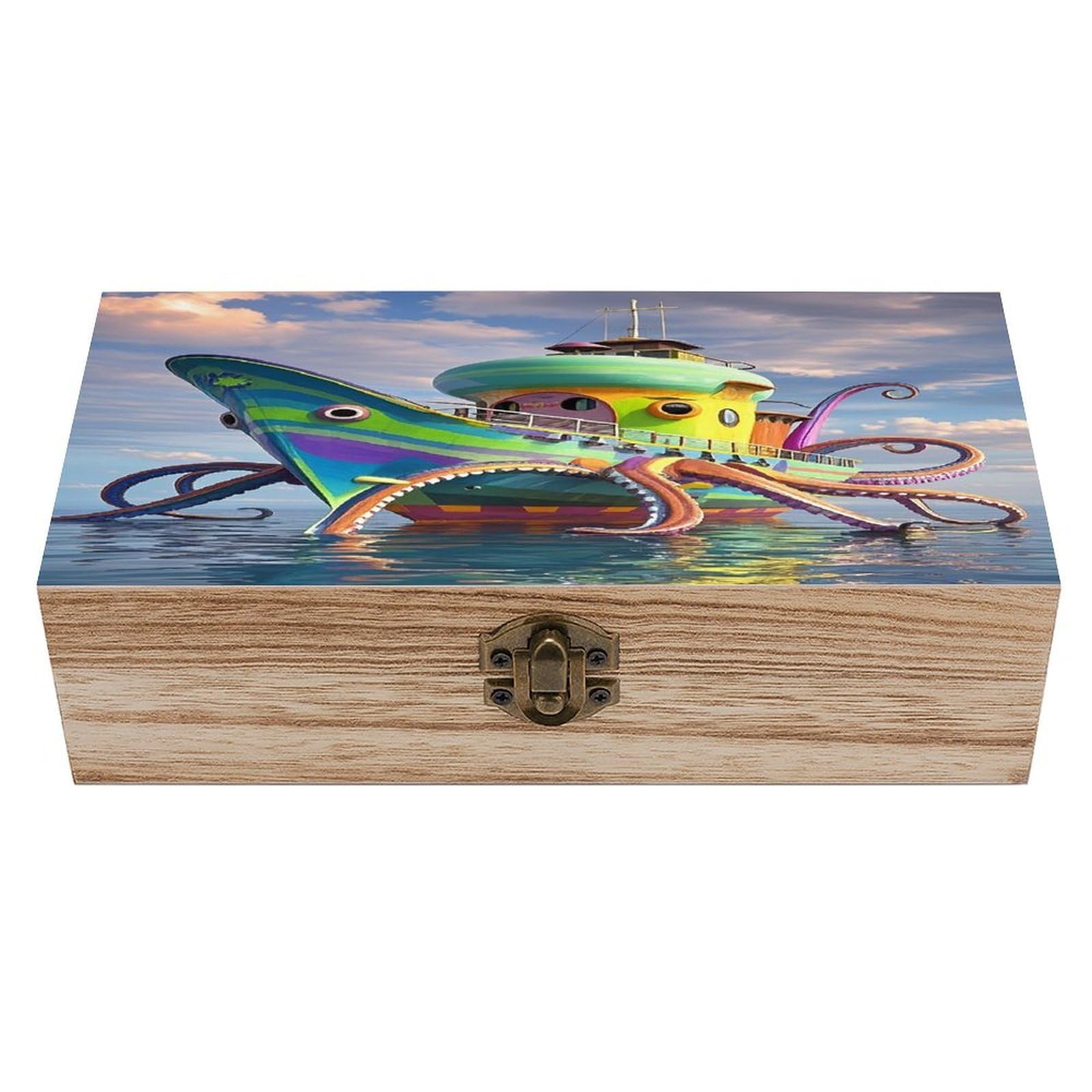 FekiLoot Octopus Ship Wooden Storage Box Exquisite Wood Keepsake Box Vintage Wooden Gift Jewelry Case for Crafts And Photo Storage Boxes