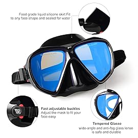 Snorkel Diving Mask Panoramic HD Swim Mask, Anti-Fog Scuba Diving Goggles,Tempered Glass Dive Mask Adult Youth Swim Goggles with Nose Cover for Diving, Snorkeling, Swimming (Black Frame-Blue Lens)