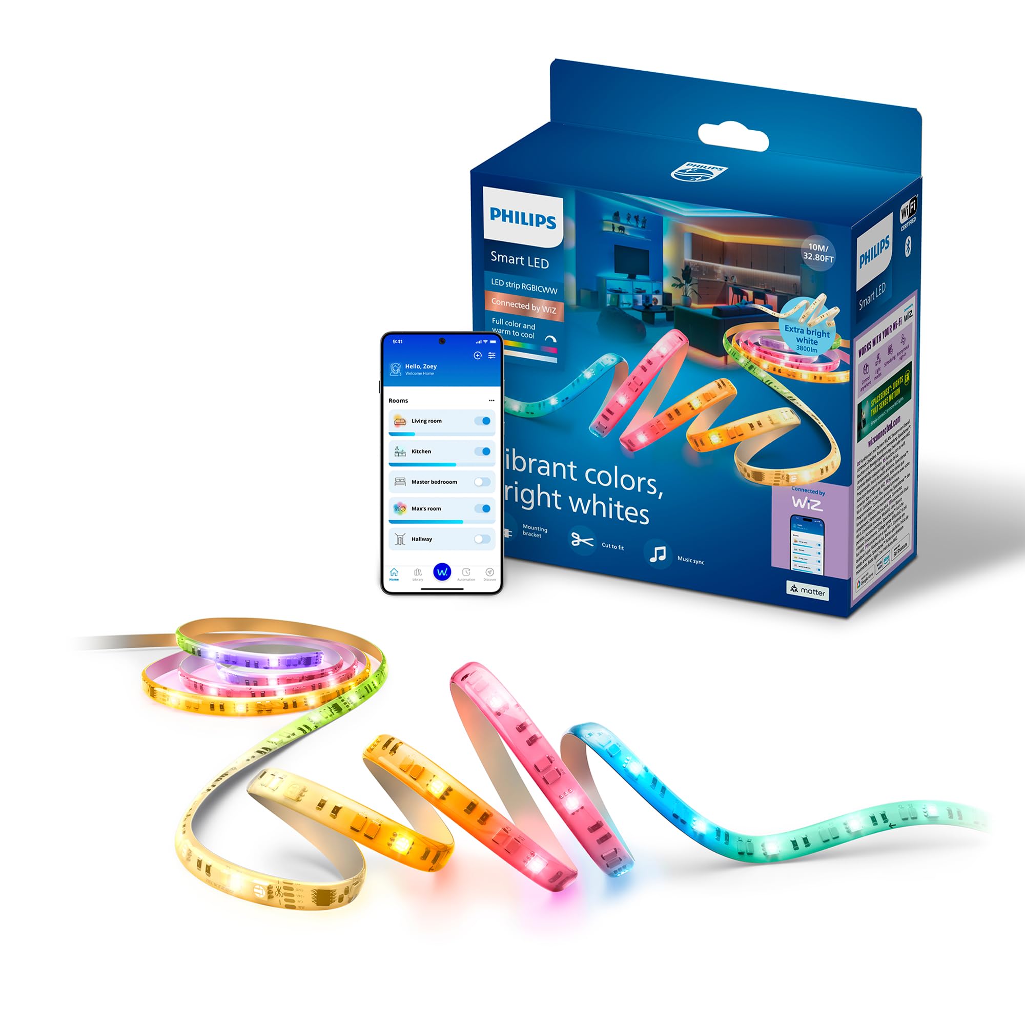 Philips Smart Lighting RGBICWW LED-Streifen, 10 m, Typ C, Mehrfarbige Farbverläufe, Einstellbares Weißlicht, Ambientes Licht, Verbunden Durch WiZ, Alexa, Google Home, Apple Home, 1er- Pack