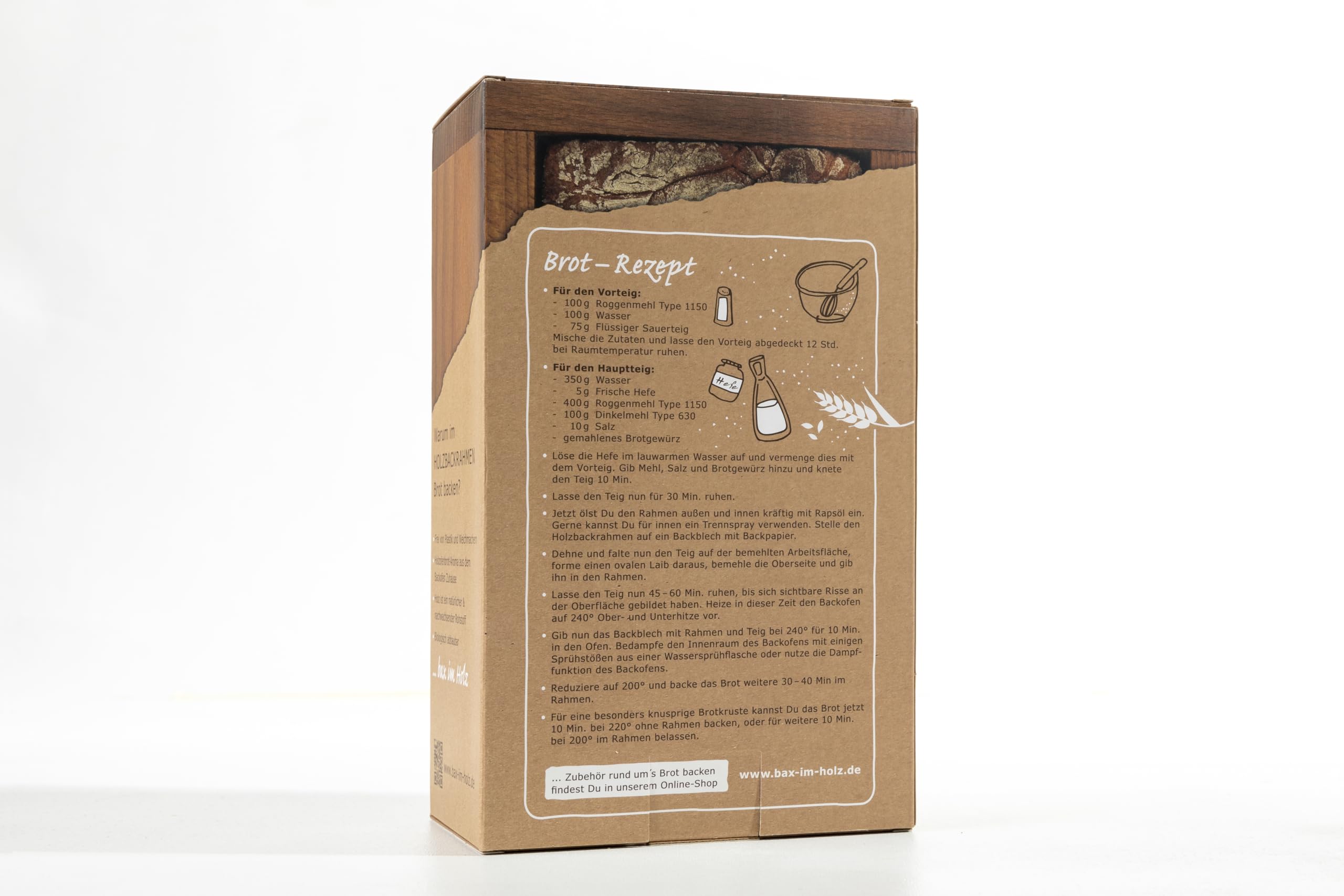 bax im Holz Geschenk Set zum Brotbacken mit Backform, Pinsel, Bürste und Leinöl im edlen Geschenkkarton
