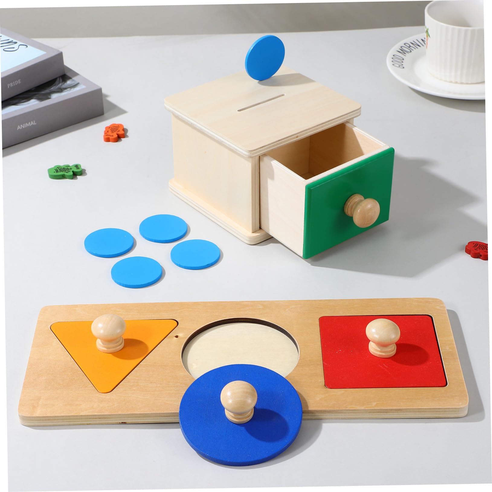 Gatuida 2juego Panel de Caja de Monedas Cuadrado de Rompecabezas Geométricos con Caja de Madera Juguetes Educativos de Bloques de Madera para Bebés y Primera Infancia