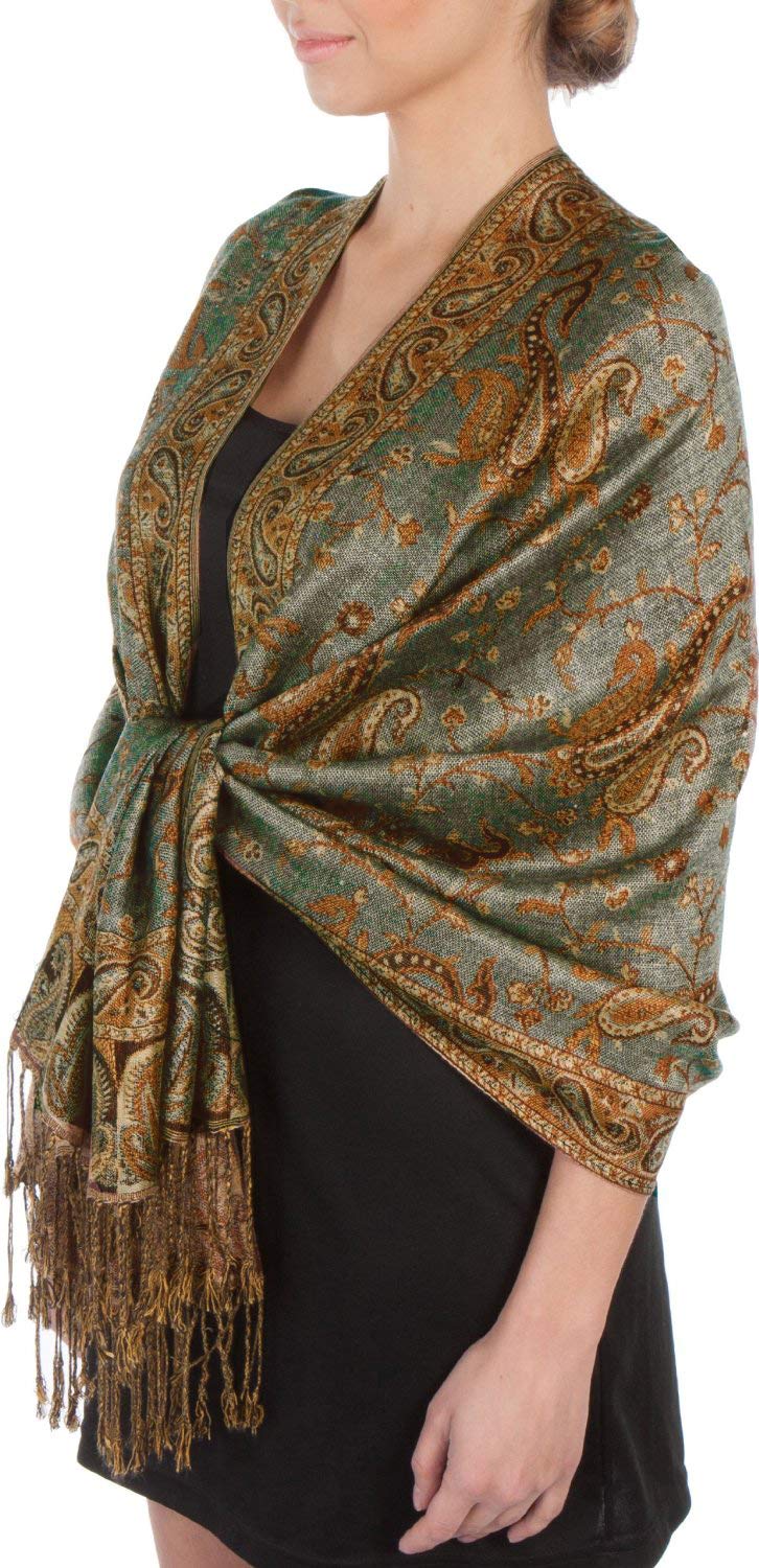 Sakkas Women's Celadon Green 70Inch X 28Inch Double Layer Jacquard Paisley Viscose Pashmina Shawl/Wrap / Stole - (Size: One Size)
