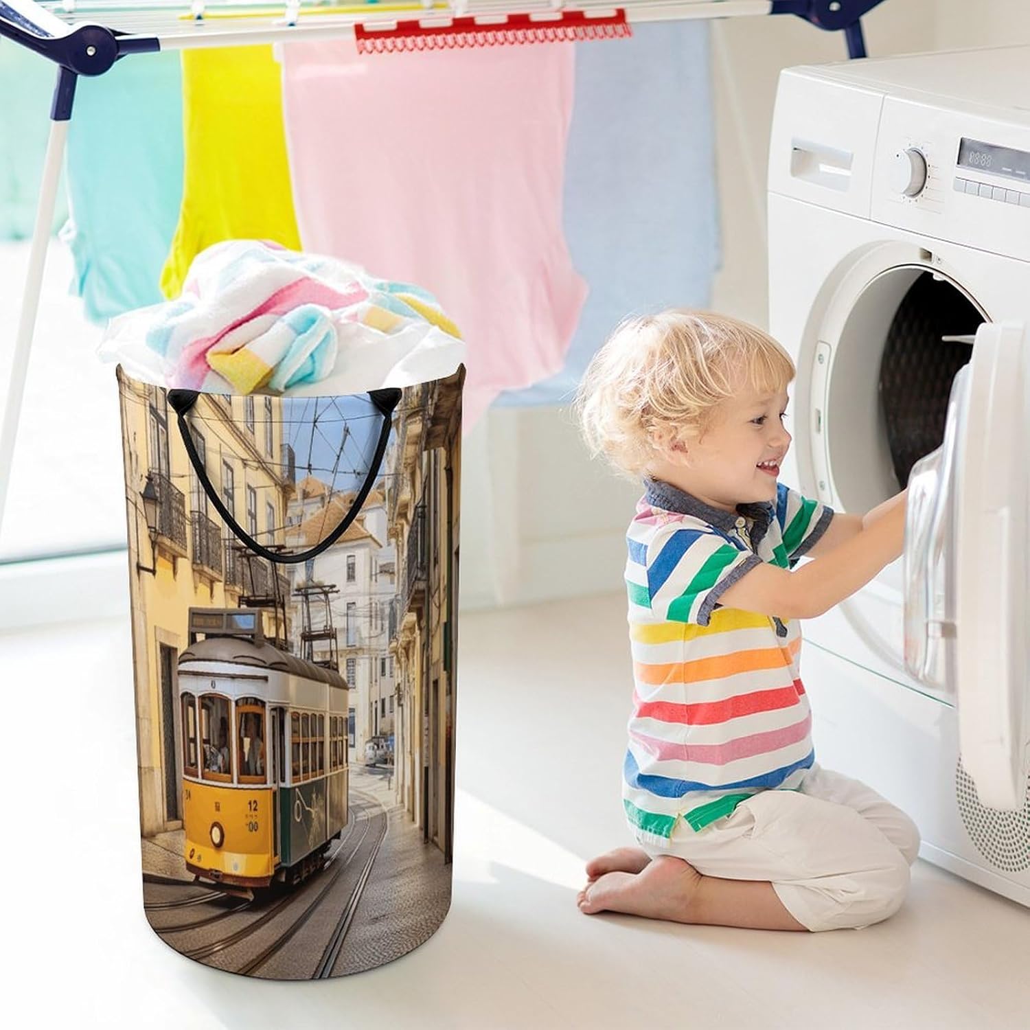 Lisbon Tram Laundry Hamper Portable Lightweight Clothes Hampers Fashion Dirty Laundry Storage Basket Large Capacity Foldable Clothes Baskets for Bathroom Bedroom