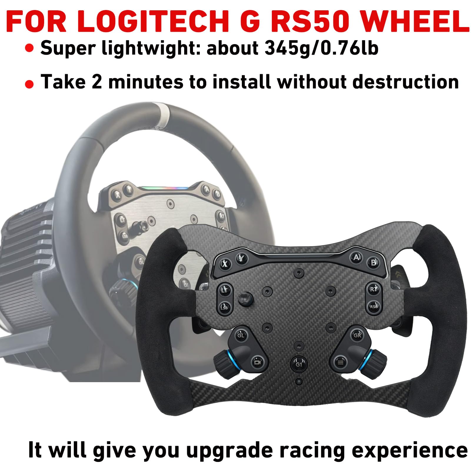 Benshuuk 12 Inch F1 Formula Style Real Carbon Fiber Suede Steering Wheel for Logitech G RS50 Pro SIM Racing Wheel PS4/PS5 PC