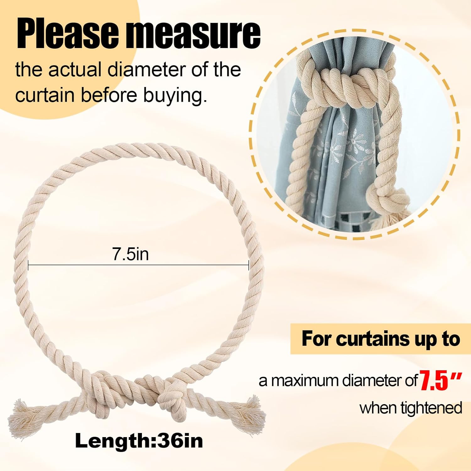 4 Pcs Hand Woven Curtain Tiebacks No Drilling - Boho Drape Holdbacks Rope for Black Blue Light Color Curtains, Decorative Ties for Outdoor Yard Garden Farmhouse Drapery, Beige