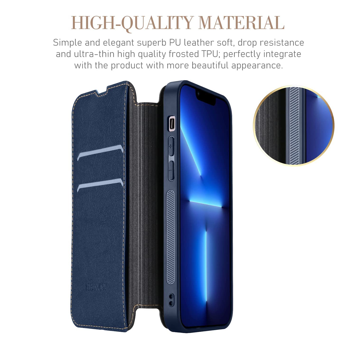 HERCN PU Custodia in Pelle per iPhone 13 PRO 6.1;Porta Carte Rimovibile -Cavalletto -Cover per Cellulare Funzionale con Piccolo Portafoglio Magnetico Unico. (Blu