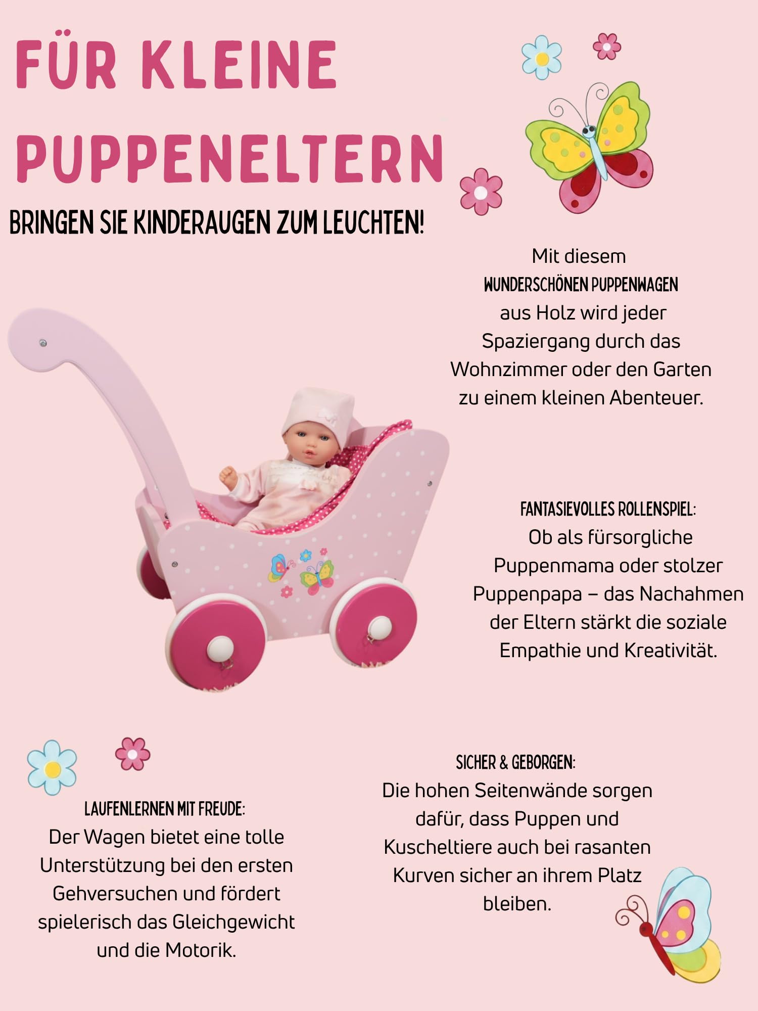 Bayer Chic 2000 Holz-Puppenwagen | Papilio pink | Für Puppen bis 54 cm | Stabiler Puppenwagen aus Holz. Idealer Begleiter für Kleinkinder. Feste Schiebehöhe: 43 cm. Für Puppen bis 54 cm.