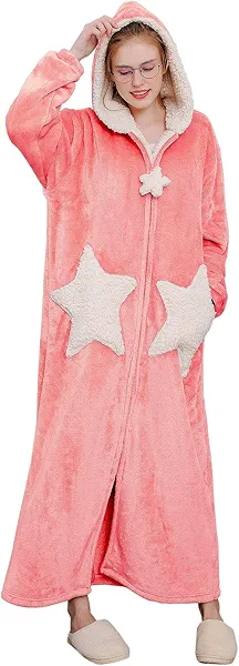 Hellomamma Womens Robe Hooded Zipper Flannel Bathrobes Housecoat Ladies Plush Fleece Warm Sleepwear Long Pajamas Nightgown