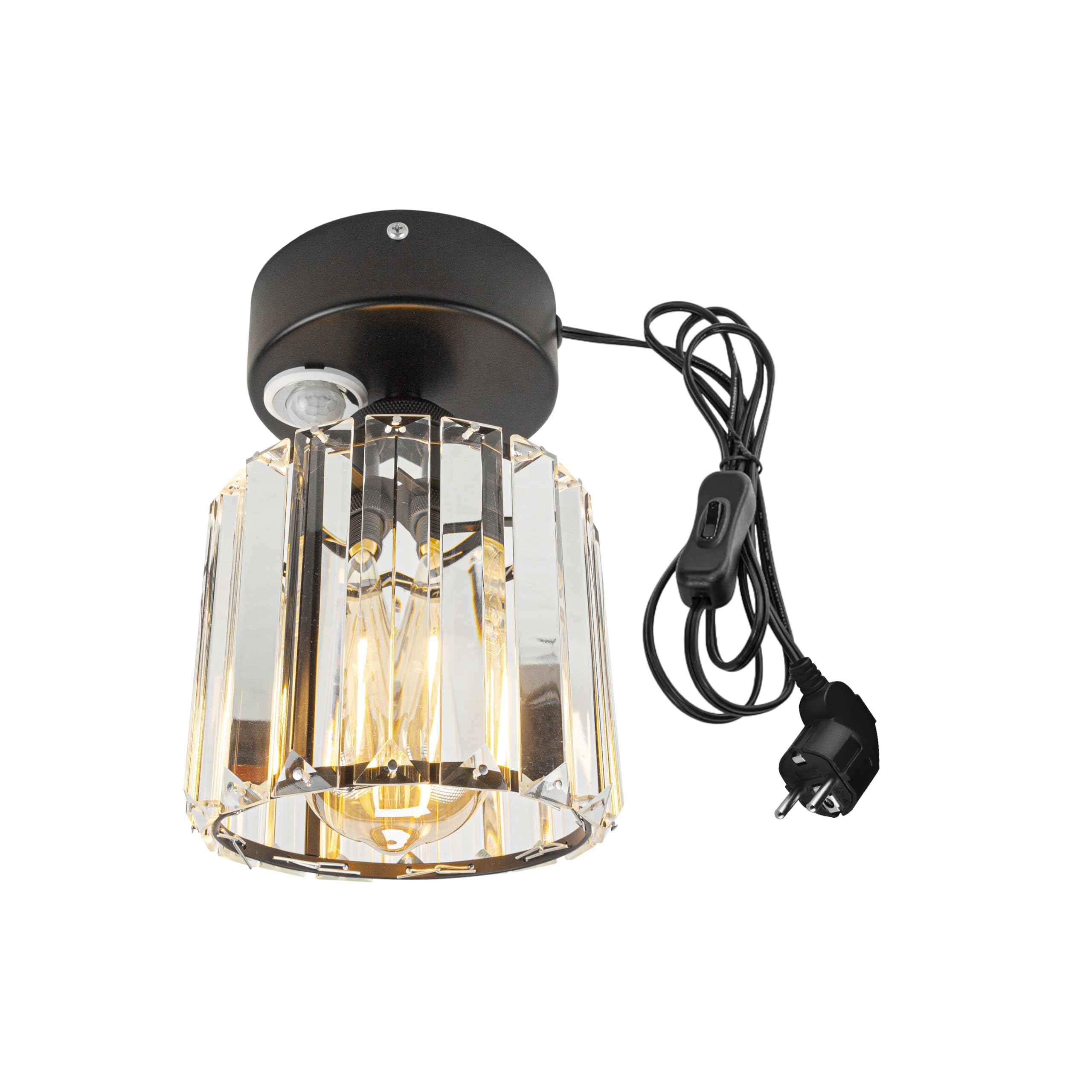 Plafoniera con sensore di movimento interno, moderna lampada da soffitto in cristallo, sensore di movimento con cavo da 4,5 m e portalampada E27, per corridoio, bagno, scale, garage, nero